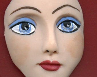Polymer Clay Detailed 2 " Art Doll Face Cab with Blue Eyes BLF 1