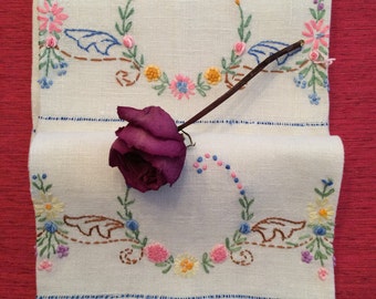 Linen Towels. Guest, Hand, Tea Towels in Vintage Cotton with Embroidery, Needlework in Pastel Flowers