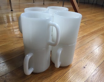 RARE full set of 8 matching vintage milk glass mugs