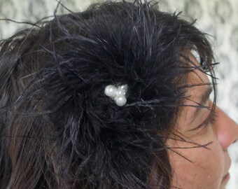 Hair Clip - Black Marabou Feather with Pearl & Rhinestone Accent