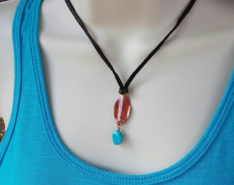 Copper Feather Necklace - Leather Necklace - Turquoise - Southwestern Jewelry - Rustic Cowgirl Jewelry - Boho