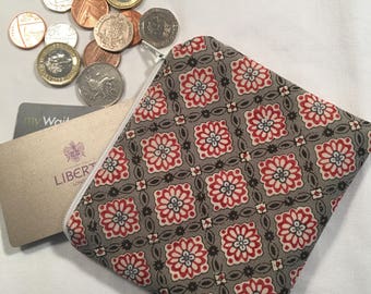 Coin purse, change purse, change pouch, zipper pouch, grey and red floral, geometric print, fabric purse, Christmas gift, gift for her,