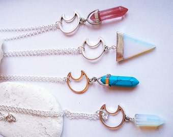 Celestial Necklace, Moon Necklace, Crescent Necklace, Crystal Necklace, Crystal Point Necklace, Boho Necklace, Gift for Her, Valentines Gift