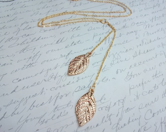 Gold leaf lariat necklace