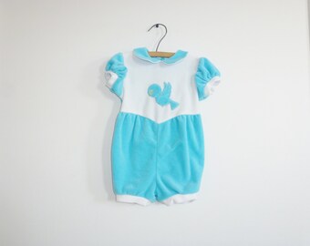 Vintage Blue and White Velour Romper