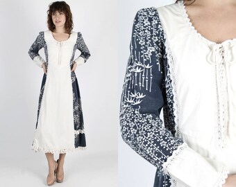 Gunne Sax Dress Renaissance Dress Jessica McClintock Dres Bohemian Blue Maxi Dress Vintage 70s Asian Bamboo Floral Prairie Boho Medium M
