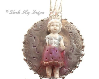Silly Girl Frozen Charlotte Doll Necklace Silver Soldered Whimsical Charlotte Doll Pendant Lorelie Kay Original