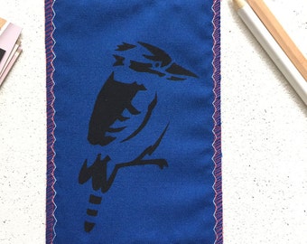 Kookaburra mixed media art - postcard - Screen printed Bird - Upcycled Collage - Textile Wall Art - blank card