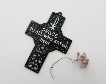 Vintage Plastic Cross Wall Hanging - Chi-Rho Peace To All Who Enter Here Christian Symbol Art