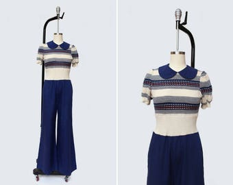 1970s Otaku Jumpsuit { S } Vintage 70s Peter Pan Sweater Playsuit