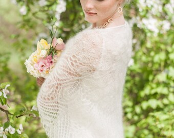 Wedding Laces Shawl, Handknitted Wrap, Wedding, Bridal wrap, Ivory Laces Scarf, Mohair with Silk, Handknitted Laces Stola