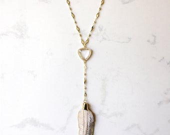 SALE! Creme Feather Lariat Necklace // Gold Electroplated // Layering Necklace // Boho Necklace