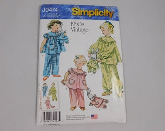Child's Sleepwear Sewing Pattern, 1950s Style, Stuffed Bunny, Simplicity J0474, Size A 3 4 5 6 7 8, PJs, Pajamas, Girl's