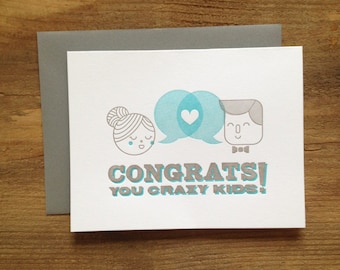 Letterpress Wedding Card - Congrats You Crazy Kids