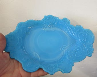 Antique Blue Slag Glass Ornate Tray