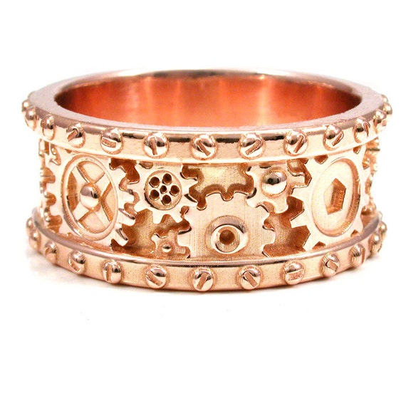 Size 10.5 - 11 - 14k Rose Gold Gear Ring with Rivets - Steampunk Ready to Ship Mens Wedding Band