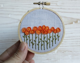 Embroidery Hoop Art - Orange Ribbon Poppies on Natural Linen Hand Embroidered Fiber Art - 3 Inch Hoop