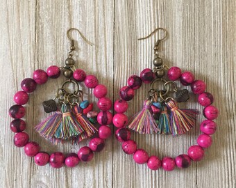 Berry Hoop Earrings, Acai Seed Earrings, Tassel Earrings, Boho Earrings, Seed Jewelry