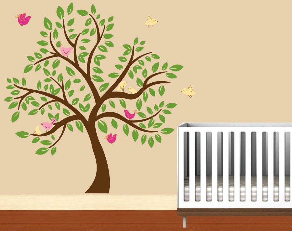 Kids childrens tree vinyl wall decal with 10 birds and leaves