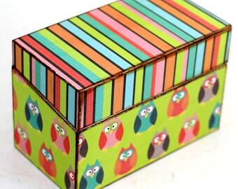 Wood Recipe Box Retro Owls Fits 4x6 Recipe Cards