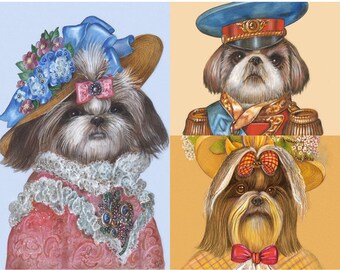 Shih Tzu Trio - 3 Art Prints - Lady Pretty, Officer and Lady Sunny - Dogs in Clothes - Funny Pet Portraits by Maria Pishvanova
