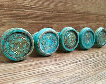 SET OF 2 - Large Distressed Turquoise and Gold Foil Painted Wooden Knob - Rustic Country Drawer Pull - Decorative Knob - Cabinet Decor