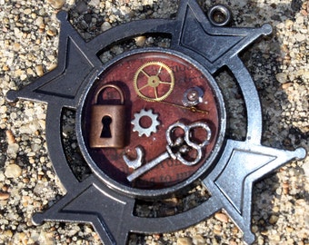 Steampunk Pendant- Mens Metal with Clock Parts and Key