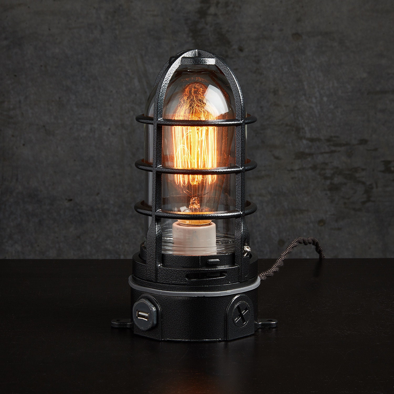 Industrial USB Lamp in Hammered Black Nautical cage Lamp