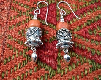 Old coral and sterling silver earrings boho bohemian rustic eclectic ethnic nomad handmade gypsy yoga amulet primitive totem organic artisan