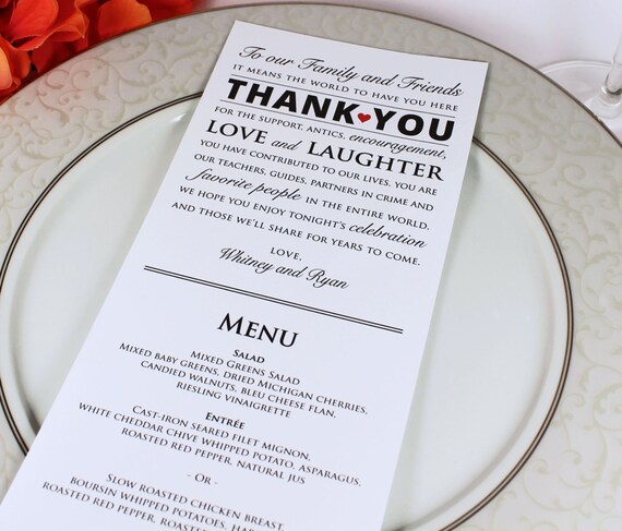 Menu de réception mariage et Merci carte Combo mariage Menu Remercier vos invités de mariage avec ces cartes de remerciement Accueil personnalisé imprimées en couleurs de votre mariage avec votre menu en bas. Tout le tex