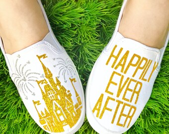 Custom Happily Ever After, Disney, Castle, Disneyland, Disneyworld, women's shoes, slip ons, tinkerbell, mickey mouse, minnie mouse, disney