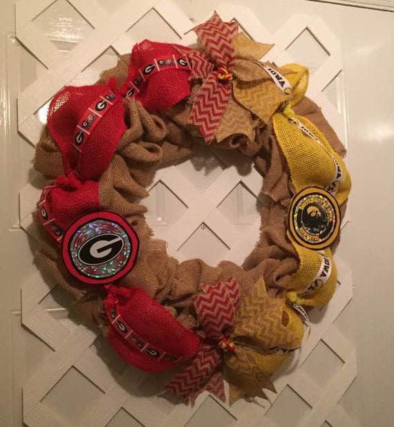 Georgia Bull Dawgs - Iowa Hawkeyes - House Divided Wreath - College Football - Bull Dawgs - Hawkeyes - Big 10 - Door Wreath - Wreath - SEC