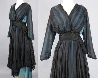 1900s Edwardian Dress, Antique Dress, Turquoise Blue and Black Ribbon Silk Dress with Tiered Skirt