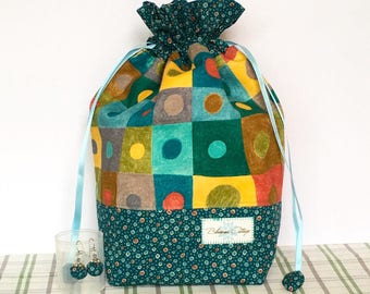 Project bag, drawstrings bag, pouch, cotton bag, yarn bowl for small projects like socks, scarf, mittens. Free 2 stitch markers