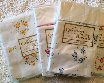 Cannon Combspun Percale Sheet & Pillowcases - Rose Wreath Pattern Roses - NOS - Unused All Cotton Linens - NIP