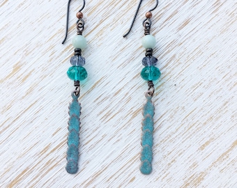 Amazonite Earrings, Enameled Earrings, Long Earrings, Dangle Earrings, Hypoallergenic Niobium Earrings, Boho Jewelry, Boho Earrings Handmade