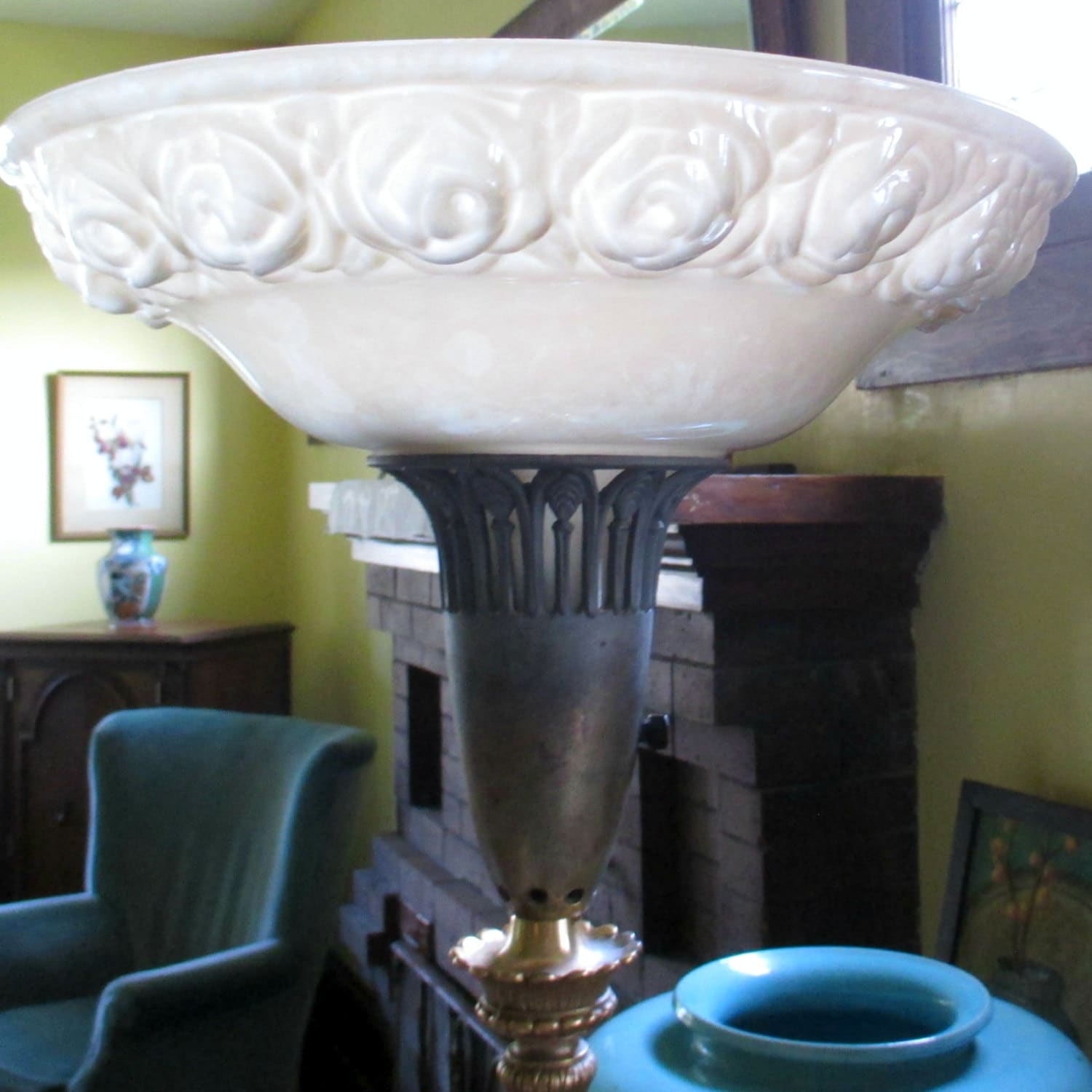 Antique Torchiere Floor Lamp Original Glass Shade With Raised Antique Torchiere Floor Lamp Original Glass Shade With Raised