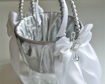 Silver Wedding Basket + Silver Ring Bearer Pillow \ Silver Flower Girl Basket + Silver Wedding Pillow Silver White Bearer Pillow basket Set