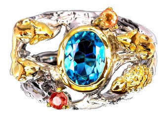 A ring of Creatures! London Blue Topaz, Sapphire Gems .925 Sterling Silver, Gold