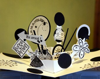 Hand-made in black and white pop-up greeting card
