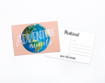 4x6 Postcard Adventure Awaits Globe Moms, Dads and Grads Print Hand Lettering Travel Peach Postcard set