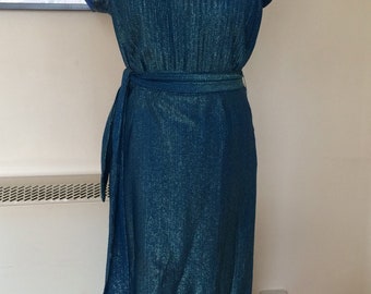1950s dress - petrol blue lurex chrome spun. True vintage
