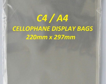 C4 / A4 Clear Cellophane Display Bags For Greeting Cards, Self Seal, Cello Bags