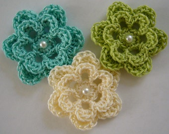 Trio of Crocheted Flowers - Aqua, Lime Green and Cream with Pearl - Cotton Flowers - Crocheted Flower Appliques - Crocheted Embellishments