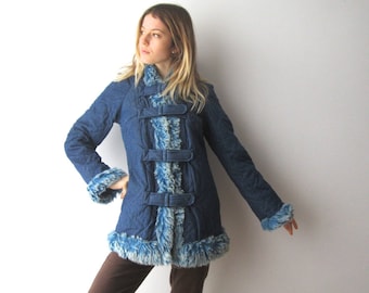 Vintage Blue Denim Coat Faux Fur Jacket Coat Hippie Outerwear Denim Long Jacket Small to Medium Size Boho Bohemian Cropped Coat