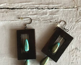Wood and turquoise earrings