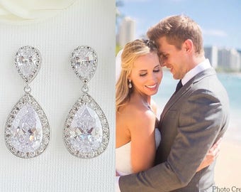 Bridal Earrings, Crystal Wedding Earrings, Silver Zirconia Earrings, Teardrop Earrings, Crystal Drop Earrings, Wedding Jewelry, Evelyn