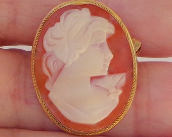 Victorian Style, Hand Carved Conch Shell, Vintage Cameo Pendent/Brooch, Sterling Silver, Gold Plated Frame, OOAK