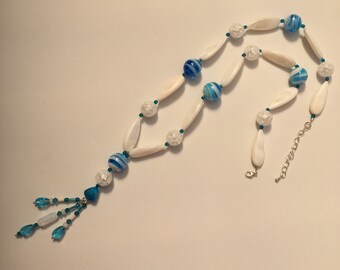 Hand Crafted Blue and White Beaded Necklace