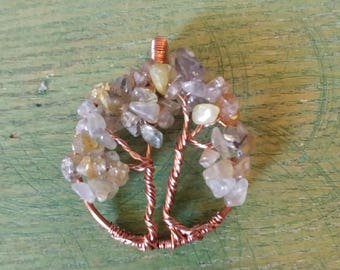Rutilated gold quartz tree of life pendant